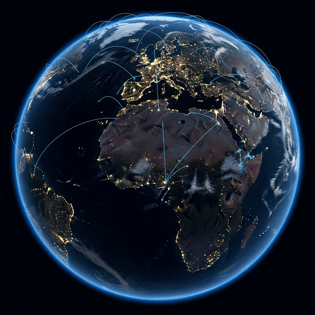 Night-time globe showing illuminated trade connections across Africa, the Caribbean and the global diaspora